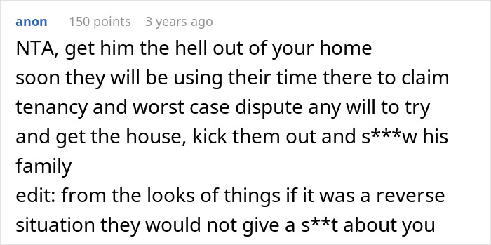 Alt text: Comment urging woman to kick late husband's brother and his kids out for using his clothes and belongings abusively