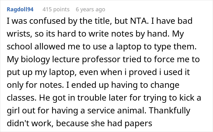 Comment from user sharing experience of colorblind student dealing with arrogant professor ignoring special needs accommodations.