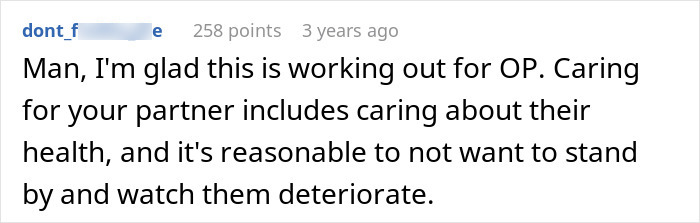 Reddit comment discussing a husband struggling to accept his wife's weight gain and concerns about health deterioration.