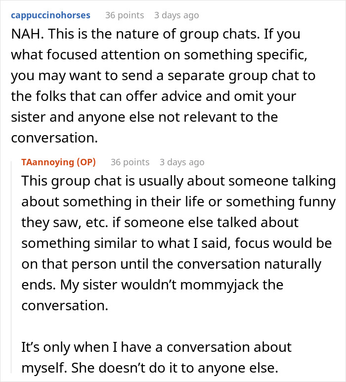 Alt text: Family group chat discussion showing mom repeatedly bringing up her kids, preventing sister from having her own conversation.
