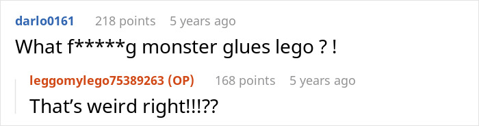 Online forum conversation discussing the oddity of gluing Lego sets, related to cheating ex-wife's boyfriend stealing incident.