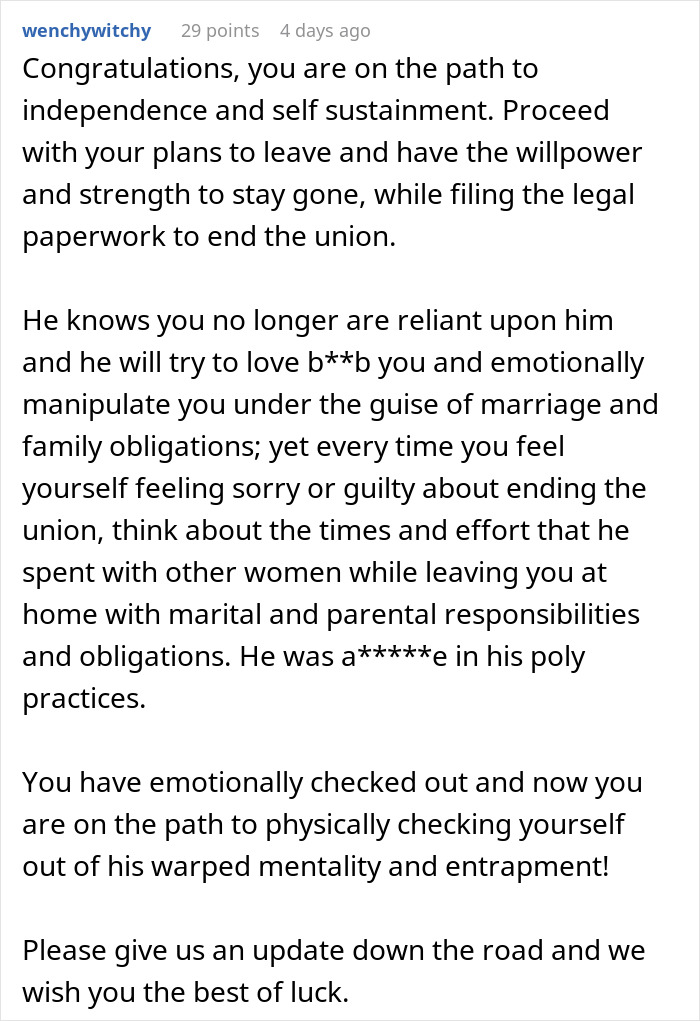 Comment about a woman finding independence and leaving polyamory after emotional manipulation and marital challenges.