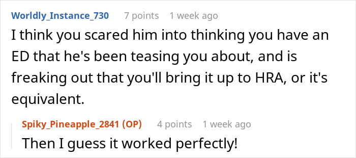 Screenshot of online comments showing a man messing with his boss after a remark on his low weight.