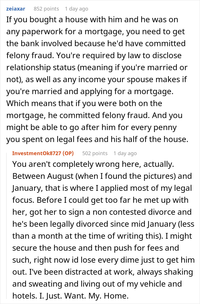Comments discussing mortgage fraud and legal issues after a woman discovers her suspicious boyfriend is married.