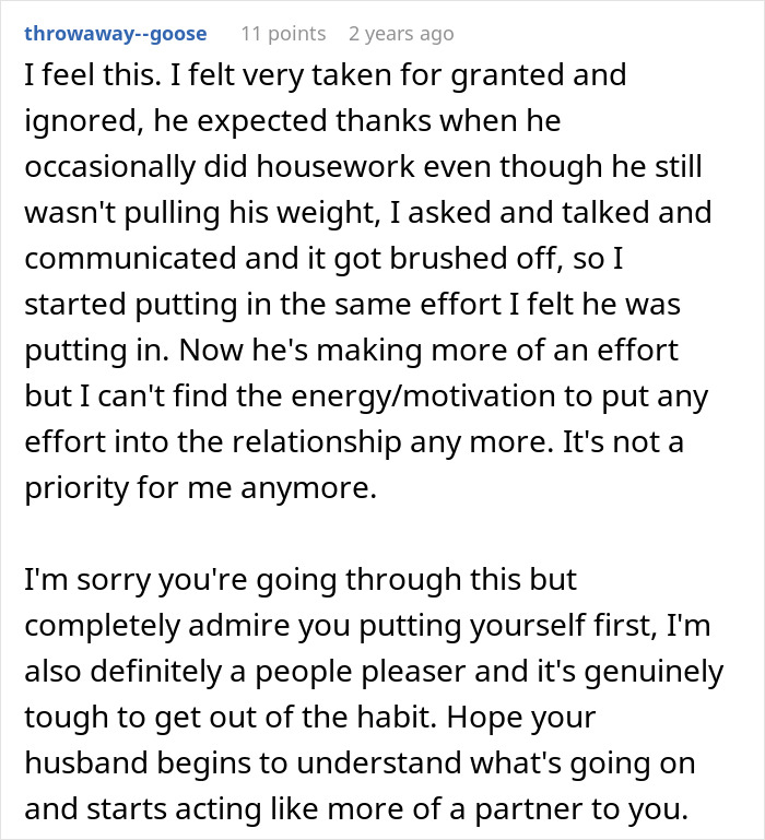 Comment expressing feelings about taking advantage of wife&rsquo;s submissive nature and standing up for herself in marriage.