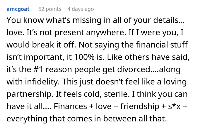Comment discussing relationship issues, emphasizing love missing and the impact of finances on partnerships and divorce.