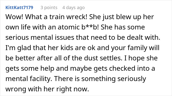 Comment discussing a woman going berserk on her brother for meddling with her parenting after her kids called him for help.