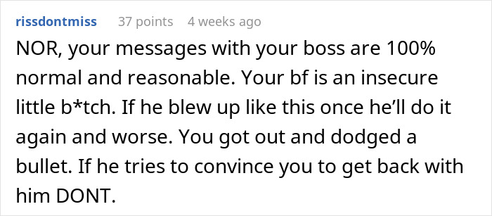Comment discussing whether conversations with boss were inappropriate after boyfriend&rsquo;s upset reaction in online forum.