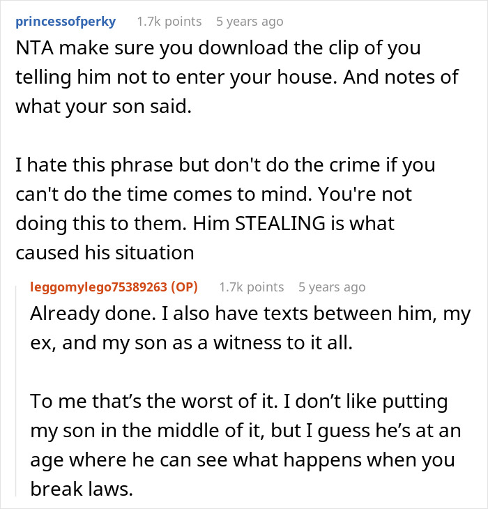 Reddit conversation about cheating ex-wife's boyfriend stealing expensive Lego sets and the legal consequences involved.