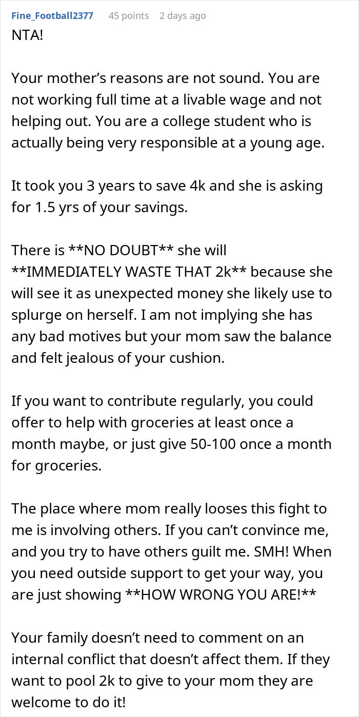 &ldquo;Struggling&rdquo; Mom Sees 19YO Daughter's $4K Savings And Demands Half, Mad As She Won't Hand It Over