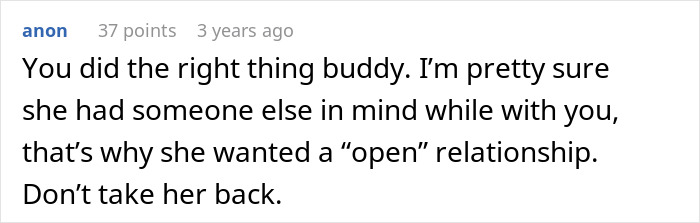 Screenshot of a Reddit comment discussing a woman suggesting an open relationship and the guy breaking up with her.
