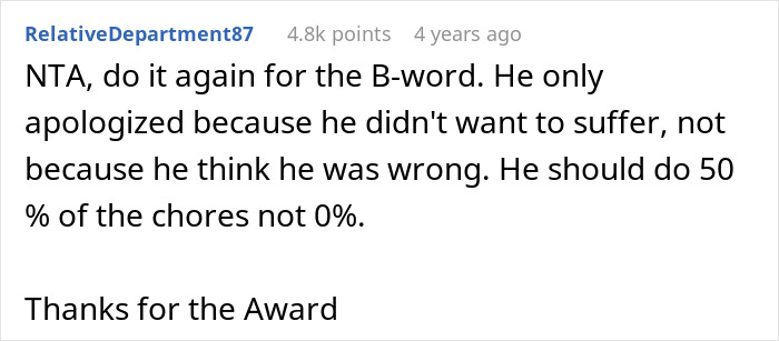 Screenshot of a Reddit comment discussing a man complaining about paying the price and eating fast food while wife works longer shifts.