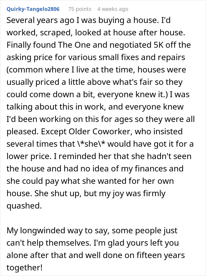 Text post showing a woman judging coworker's life choices while ignoring her own conflicting morals and behavior.