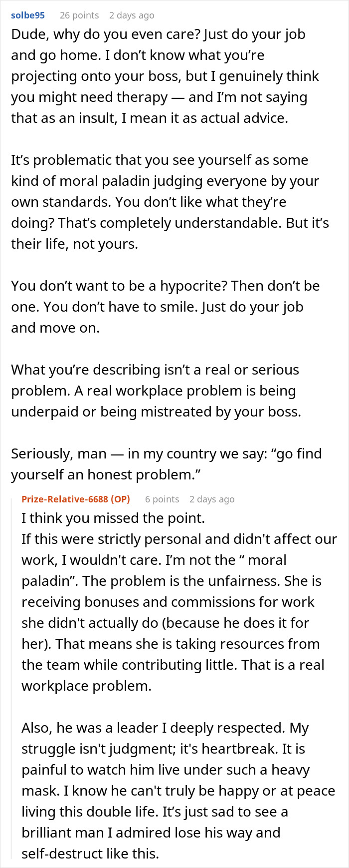 Person disappointed in boss they looked up to after affair with employee causing workplace unfairness.