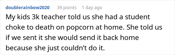 Reddit user sharing a story about a family dinner ruined by a rude mother causing distress over a popcorn incident.