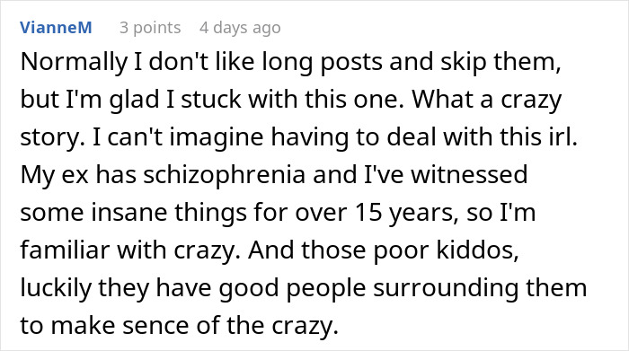 Text comment about woman going berserk at brother meddling with her parenting after kids called him for help.