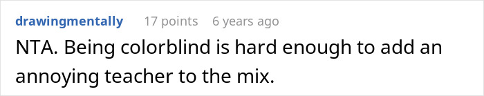 Screenshot of an online comment discussing challenges faced by a colorblind student with an unsupportive teacher.