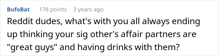 Screenshot of a Reddit comment discussing relationship trust and affair partners in an online conversation thread.