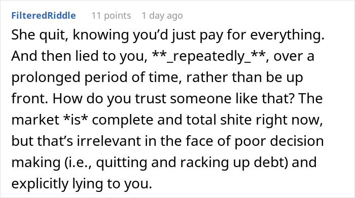 Screenshot of a Reddit comment discussing a girlfriend who quits her job but pretends to work and the boyfriend's reaction months later.