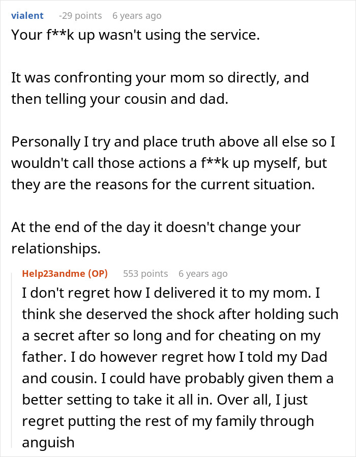 Reddit conversation discussing family chaos after one DNA test reveals uncle is actually dad, causing emotional turmoil.