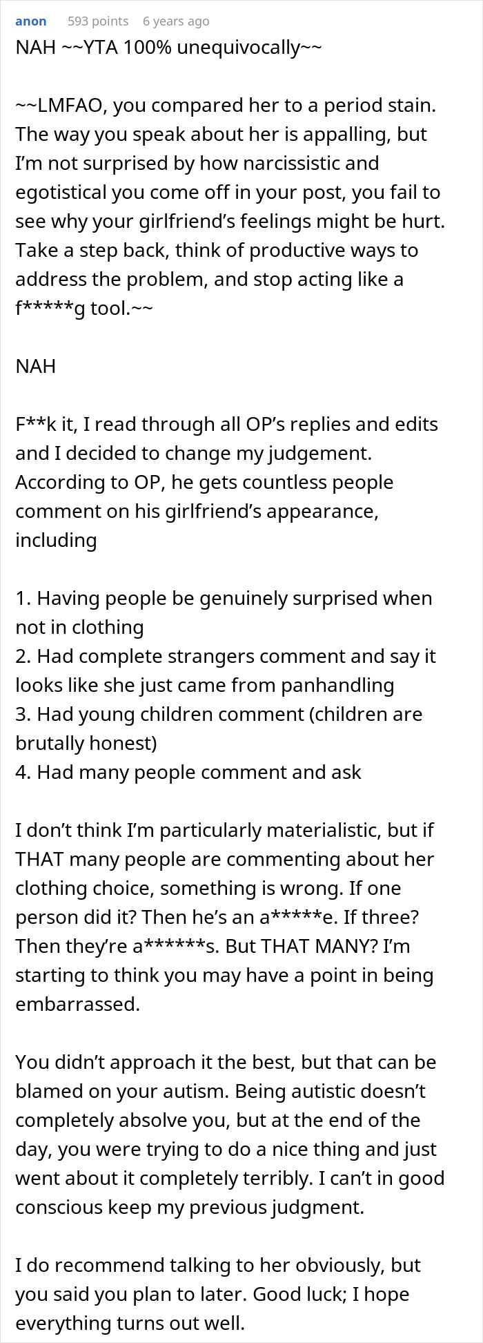 Text screenshot of a comment discussing embarrassment and childhood trauma related to a girlfriend&rsquo;s style and appearance.