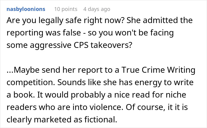 Online comment discussing postpartum boundaries and the mother's horrific retaliation with references to false reporting and violence.
