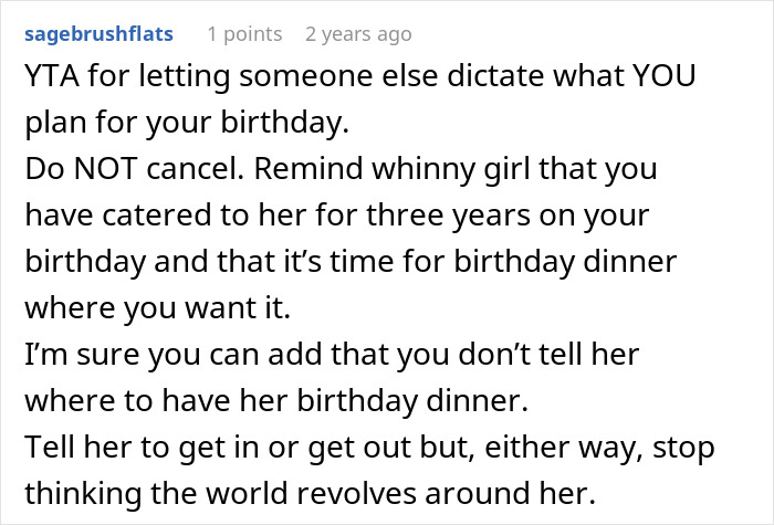 Screenshot of a forum comment discussing frustration with a friend&rsquo;s strict diet rules imposed on birthday plans.