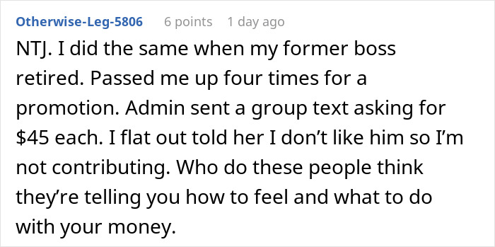 Alt text: Woman refuses to contribute $50 to a coworker's retirement gift after negative workplace experience with her.