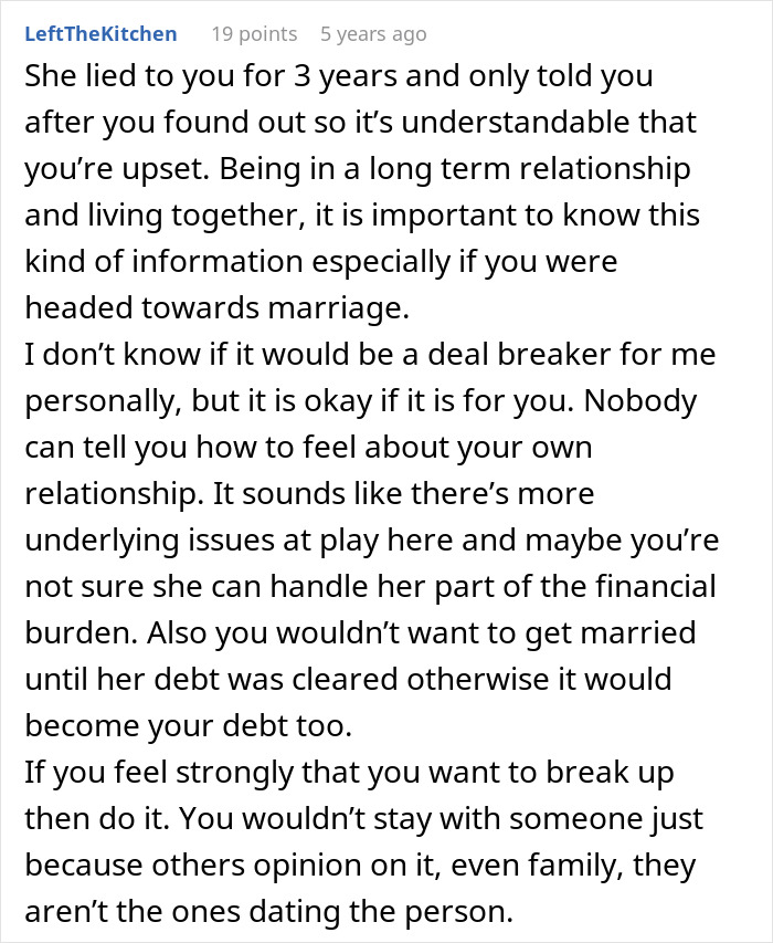 Comment discussing relationship trust issues after discovering fianc&eacute;e was keeping secrets before wedding plans.