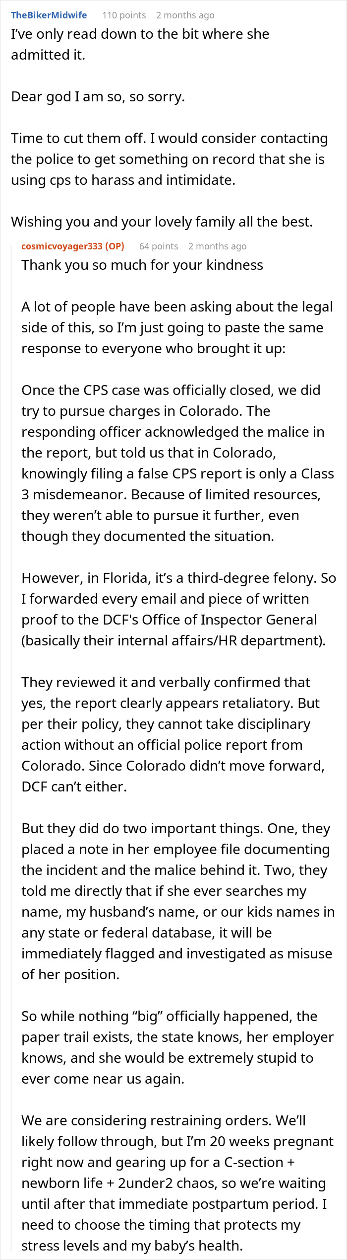 Screenshot of a Reddit conversation discussing postpartum boundaries and retaliation involving CPS and legal actions.