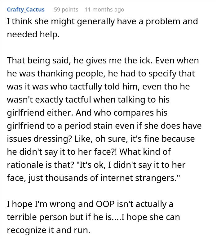 Comment discussing a man feeling embarrassed by his girlfriend&rsquo;s style, revisiting her childhood trauma.