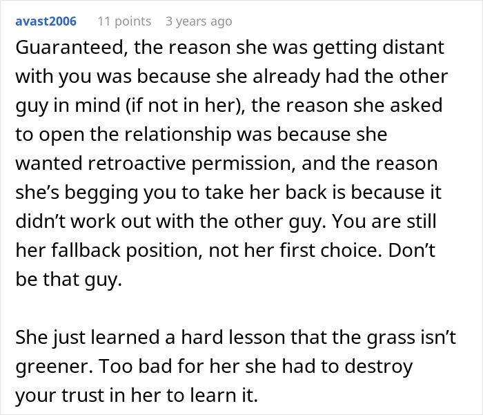 Reddit comment explaining why a woman suggests an open relationship and the guy immediately breaks up with her.