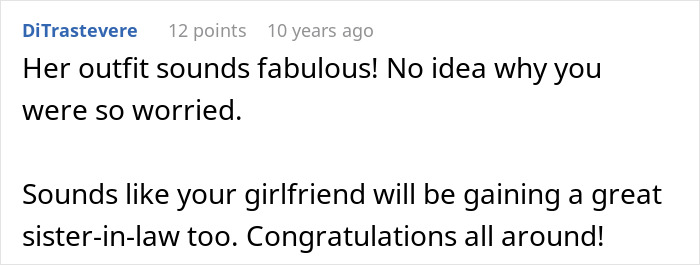 Comment discussing a guy's frustration as his girlfriend refuses to wear dresses even for a wedding event.