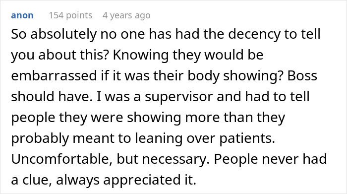 Comment discussing workplace embarrassment and a supervisor advising on appropriate clothing to avoid revealing too much.