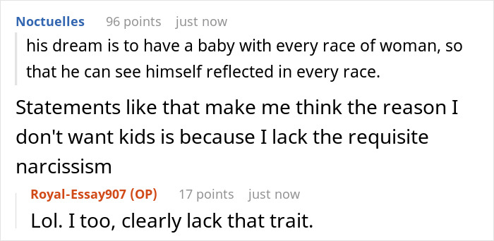 Screenshot of a Reddit conversation discussing a cheater with 9 kids and multiple baby mamas wanting his child-free ex back.