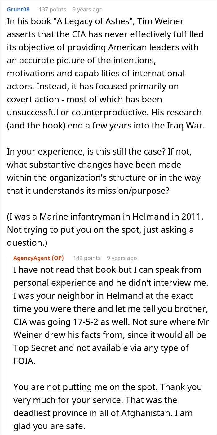 Reddit AMA text featuring a former CIA case officer answering questions about CIA missions and experiences.