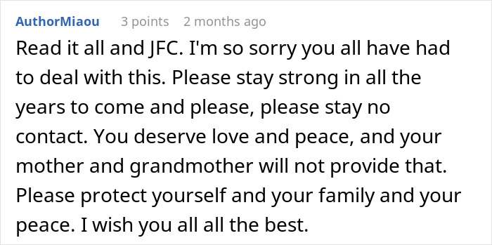 Comment expressing support and urging protection of postpartum boundaries despite horrific retaliation by mother.