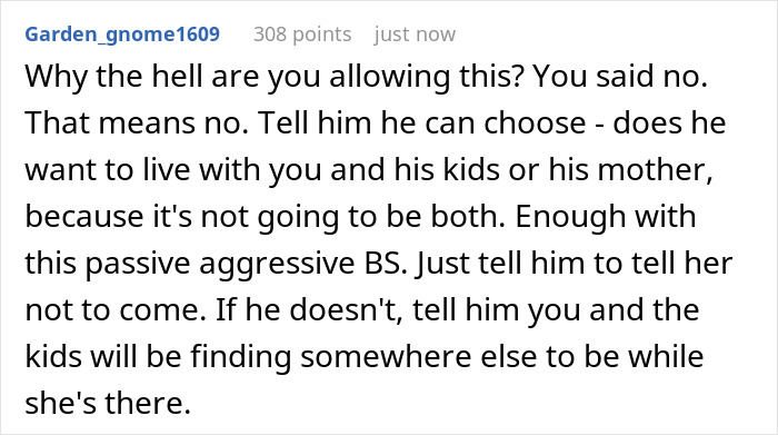 Comment discussing a lazy hubby inviting mom to help with chores, prompting wife to go on strike and refuse to pitch in.
