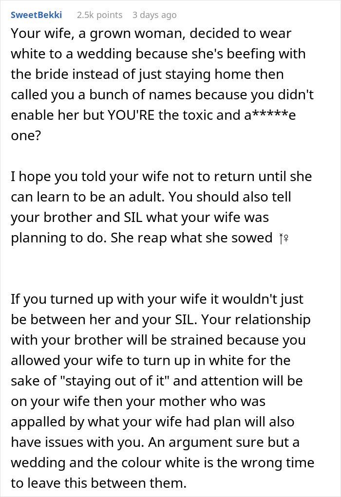 Text excerpt discussing a wife planning to wear white to brother’s wedding causing a husband to leave her behind.