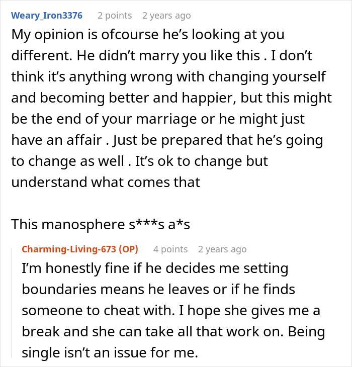 Screenshot of an online discussion about a man taking advantage of his wife&rsquo;s submissive nature and her standing up for herself.