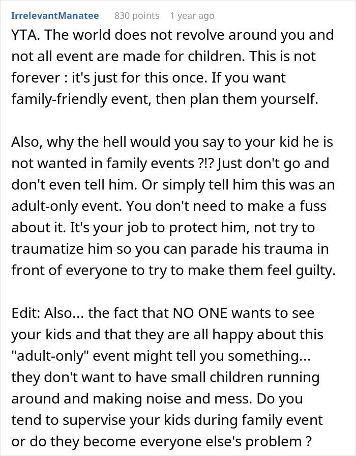 Commenter discusses a woman setting no kids allowed rule causing brother to feel targeted in family conflict.
