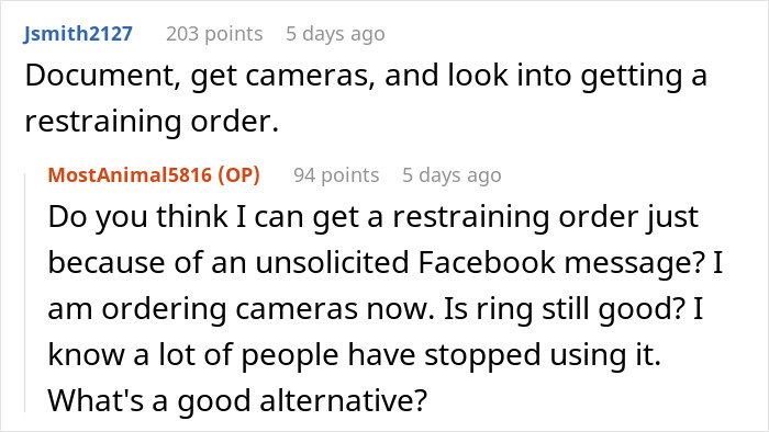 Online forum discussion showing a man stressed and paranoid about an unhinged neighbor not leaving him alone.