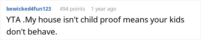 Screenshot of a social media comment where a user explains that their house is not child proof for misbehaving kids.