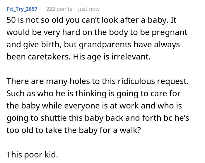 Comment discussing a 50-year-old dad surprised as his kids refuse to help raise his baby citing age and care concerns.