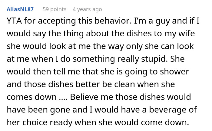 Screenshot of a Reddit comment where a man complains about paying the price and eating fast food while wife works longer shifts.