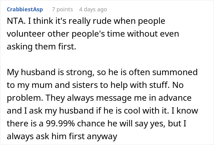 Screenshot of a Reddit comment discussing volunteer labor and respect for others' time and consent in group tasks.