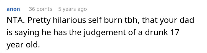 Screenshot of a Reddit comment discussing a daughter's refusal to support her dad and his mistress at their wedding.