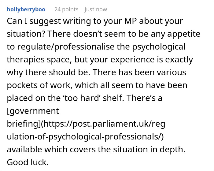 Comment suggesting writing to MP about lack of regulation in psychological therapy space highlighting therapy and marriage issues.
