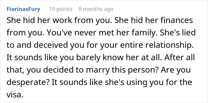Comment discussing a wife fakes transaction to hide income source, suggesting deception in a relationship.