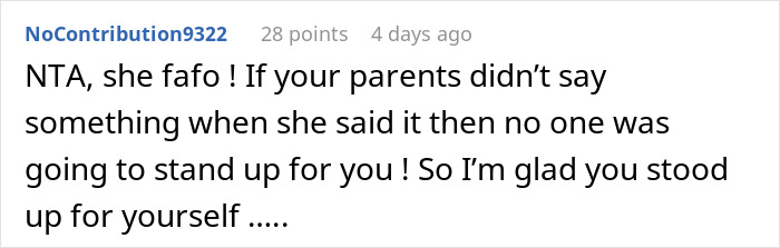 Screenshot of a comment where a woman fires back after sister insults her, making husband go red and kids confused.